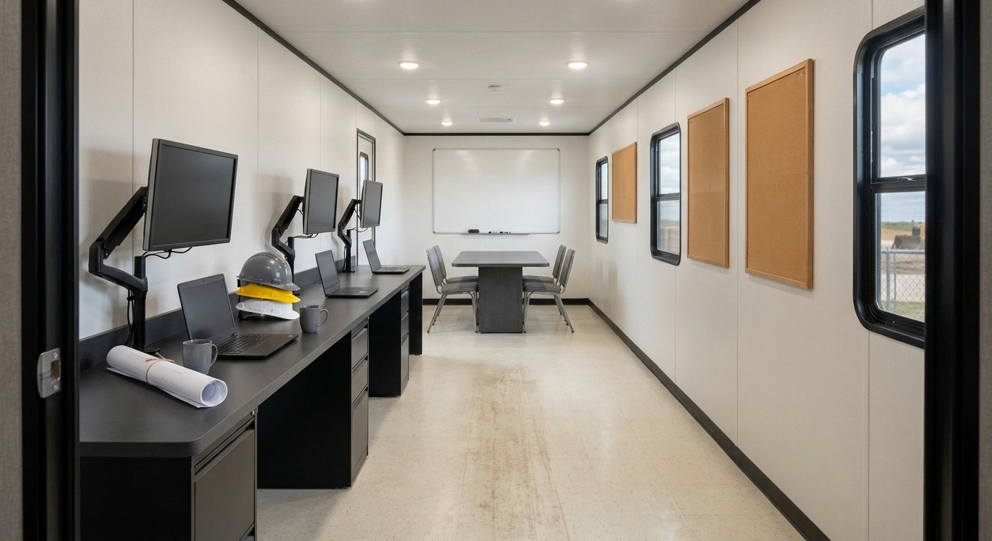Interior of a 12x60 wide-body office trailer configured as an Omaha data-center-corridor project headquarters with desks, monitors, and a conference end