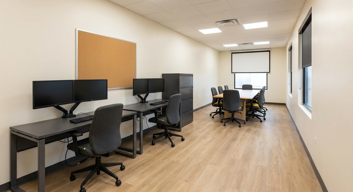 Interior of a Texas project HQ office trailer with desks, monitors, and a conference end