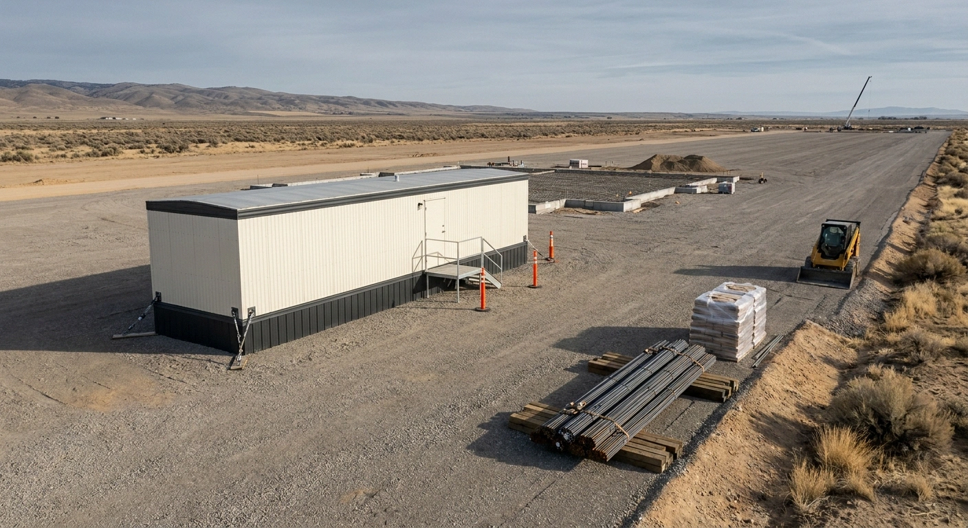Treasure Valley megasite jobsite with a 12x60 wide-body office trailer staged on a leveled gravel pad near Boise with distant Boise Foothills on the horizon